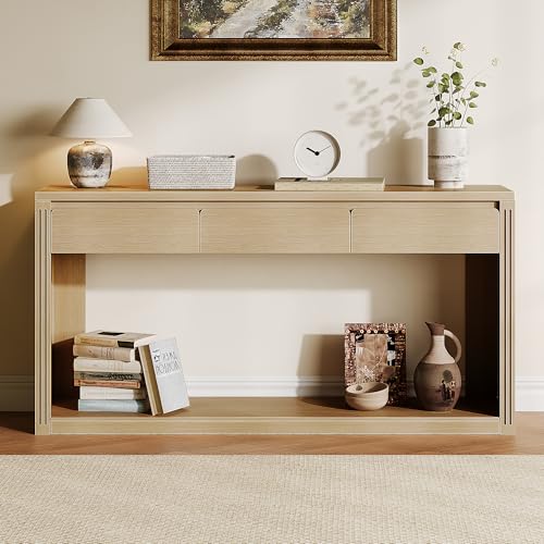 Treocho 63.9" Long Console Tables for Entryway, Farmhouse Entryway Table with Drawers, Narrow Sofa Table Behind Couch Table for Living Room, Entrance, Hallway, Natural Treocho