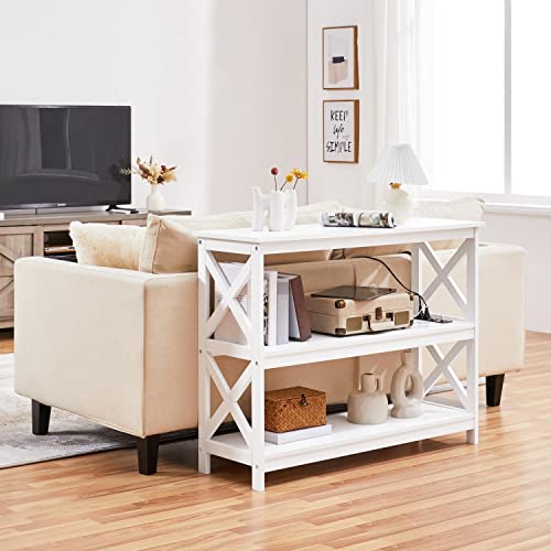 Yaheetech Entryway Table with Storage Shelves, Console Table with Power Outlets and USB Ports, Wood Narrow Sofa Table with X-Shaped Design for Living Room/Hallway/Couch, White Yaheetech