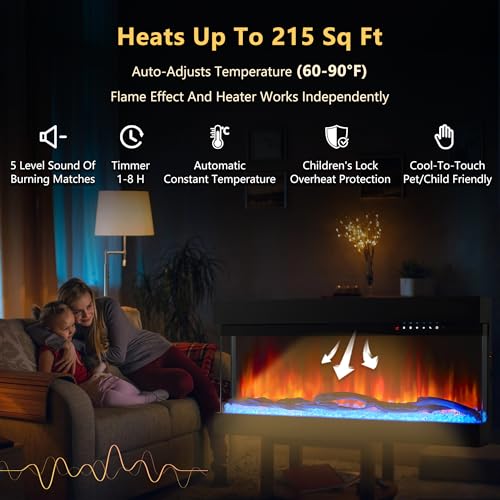 Mexhom 3 Sided Glass Built-in 36" Electric Fireplace - Multi-Color Flames, Heater, DIY Crystal & Log Set, Smart App & Remote Control Mexhom