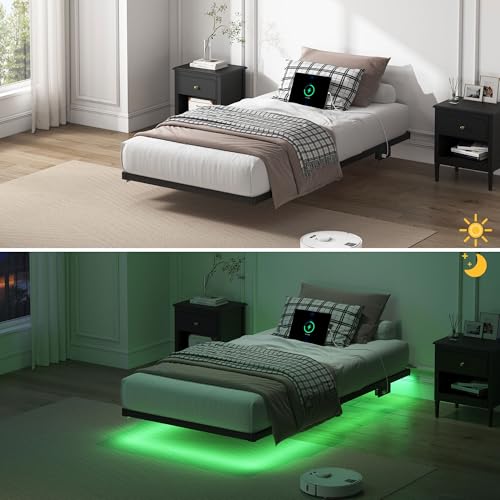 YORMDMO Floating Bed Frame Twin Size, Heavy Duty Bedframe with Smart LED Lights & Charging Station, Modern Metal Platform Bed, Easy Assembly No Box Spring Needed, 8 Inch YORMDMO