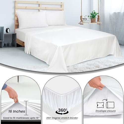 Royale Linens 300 Thread Count 100% Long Staple Combed Cotton Stripe Sheet Set - 4 Piece Queen Bed Sheets - 1 Fitted, 1 Flat & 2 Pillow cases - Soft Cool & Crisp Sheet Set (Queen, Narrow Stripe White) ROYALE LINENS