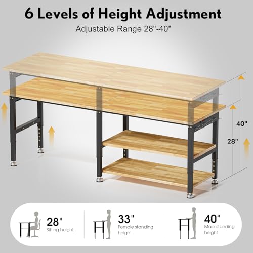 96” Adjustable Work Bench, 2-Layer Heavy Duty Workbench, 6000 LBS Capacity Workbench with Pegboard & Power Outlet, Rubber Wood Work Table for Garage, Office, Workshop, Home FIXCHIGO