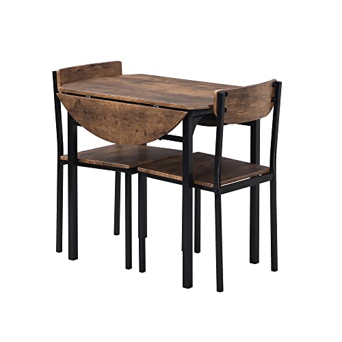P PURLOVE 3 Piece Drop Leaf Dining Table Set,Solid Wood Kitchen Table and Chair Set of 2,Farmhouse Round Table and 2 Chairs for Small Places,Apartment,Kitchen P PURLOVE