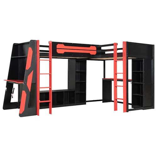 Merax Twin Size Gaming Loft Bed with Desk, TV Stand and Storage Shelves, Solid Wood Dual Twin Bed Frame with RGB LED Lights & USB Ports for Teens Bedroom, Space-Saving Design, Reversible Layout, Red Merax