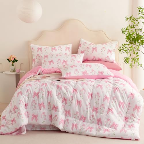 Jolusere Pink Bow Comforter Set Queen Size Pink Floral Comforter for Girls Kids Romantic Princess Style Bowknot Bedding Set Ultra Soft Reversible Garden Flower Comforter Sets with 2 Pillowcases 3Pcs Jolusere