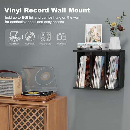 Emfogo Vinyl Record Storage, Record Player Stand Wall Mount Up to 80-100 Albums, 3-Compartment Vinyl Record Holder, Black Emfogo