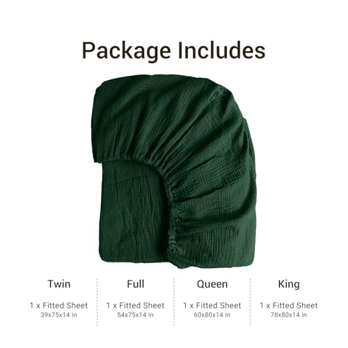 100% Muslin Cotton Emerald Green Fitted Sheet Twin Only with 16" Elastic Deep Pocket, 1 Pack Soft Breathable Absorbent Gauze Single Fitted Bottom Sheet, Minimalist Fluffy Wrinkle Mattress Protector YASMENG