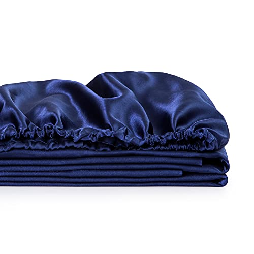 Satin Fitted Sheet, Full Fitted Sheet Only, 1 - Piece Ultra Soft Deep Pocket Single Silk Bottom Bed Sheet Full - Navy Blue Luxbedding