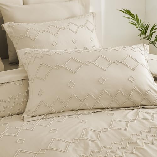 EMME Twin Comforter Set - 5 Pcs Beige Boho Bedding Sets, Tufted Comforter with Sheets, Shabby Chic Embroidery Twin Bed Set Fluffy Bed Bag for All Season(68"X90") EMME