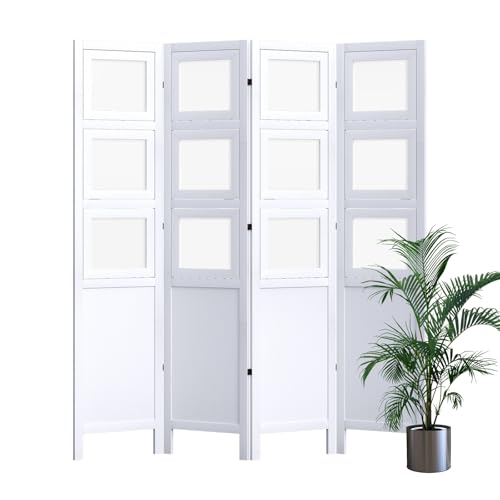 4 Panel Photo Room Divider Freestanding Folding Privacy Screen and Decorative with 16 Frames for Home Office (White) Svimi