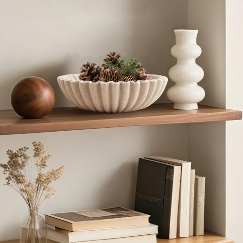 Plukers 10'' Scalloped Decorative Key Bowl for Entryway Coffee Table - Catchall Trinket Large Candy Fruit Purse Holder Kitchen Countertop Console Modern Home Decor, Artificial Stone Beige Plukers