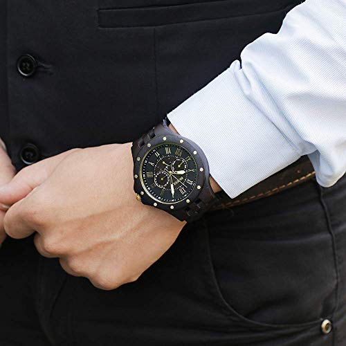 BEWELL Wood Watches for Men, Vintage Mens Wrist Watches with Calendar Luminous Hands Wooden Strap (Black Sandalwood) BEWELL