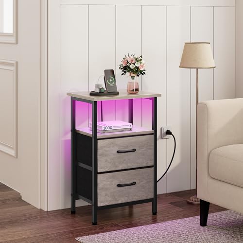 Vagusicc Night Stand Set 2, LED Nightstand with Charging Station, Bedside Table with USB Ports & Outlets, 24.2" Tall End Table with open Shelf, Bed Side Table with 2 Fabric Drawers for Bedroom, Greige Vagusicc