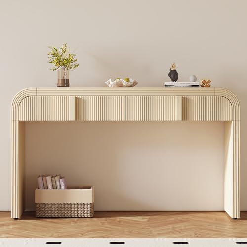 Modern Curved Entryway Console Table 55-Inch Entry Sofa Table with Storage Drawers for Living Room Entrance Hallway Accent Furniture (Apricot Cream) Amposei