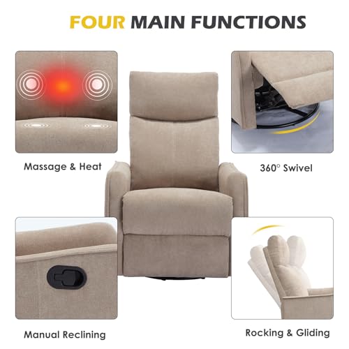 Trustyue Swivel Rocker Recliner Chair, 360° Swivel Recliner with Heat and Massage, Rocker Recliner Nursery Glider Chair with Side Pockets for Living Room (Khaki, Fabric)