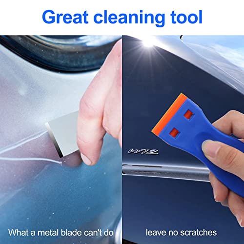 4 Pcs Plastic Razor Blade Scraper and 100 Pcs Blades, Remove Label Decal Tool, Forwithout Scratches Plastic Razor Blade Scraper, Adhesive Remover for Stickers, Gaskets and Paints on Window Car Glass kwbgjq