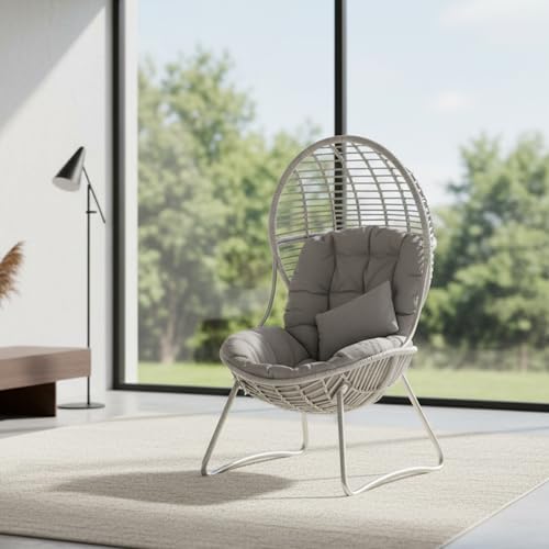 Kingdura Outdoor Wicker Egg Chair with Cushion, Oversized PE Rattan Chair, All-Weather Patio Lounge Chair for Balcony Porch Lawn & Indoor, 440LBS Capacity (Beige) Kingdura