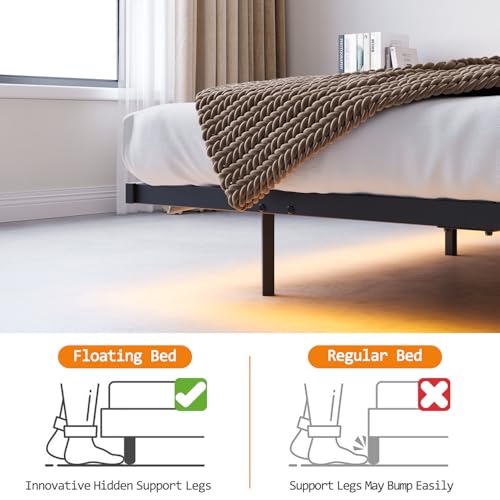 VERFARM Floating Bed Frame Queen Size with USB Charging Station, LED Bed Frame with Storage Headboard, Black Metal Platform Bed Queen Size, No Box Spring Needed, Noise Free, Easy to Assemble VERFARM