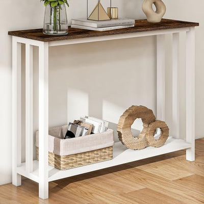 Acovy Farmhouse Solid Wood Console Table, 2 Tier Entryway Table with Storage Shelves, Narrow Sofa Table for Living Room, Hallway, Foyer, Entryway, Rustic White