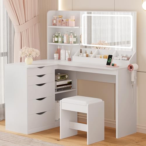 YESHOMY Vanity Desk with Lights and Mirror, L Shaped Makeup Table, Dresser with Hairdryer Holder and Power Outlet, Adjustable 3 Lighting Modes, 5 Drawers and Adjustabled Open Storage Shelves, White YESHOMY