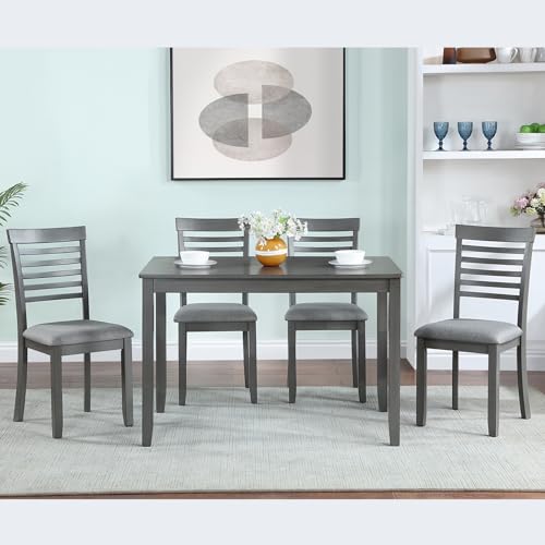 KEIKI 5-Piece Standard Height Dining Table Set with Rectangular Table and 4 Upholstered Ladder Backrset Chair, for 4 Person, Modern Wooden Table Set, Easy Assembly, for Kitchen, Dining Room, Gray KEIKI