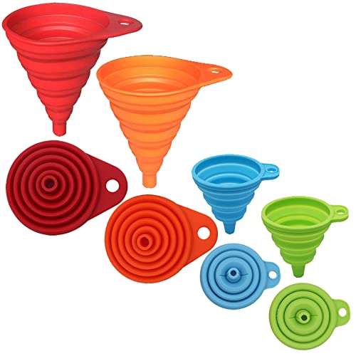 KongNai Kitchen Funnel Set 4 Pack, Small and Large, Kitchen Gadgets Accessories Foldable Silicone Collapsible Funnels for Filling Water Bottle Liquid Transfer Food Grade KongNai