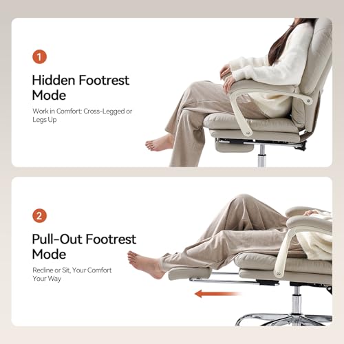 EMIAH Ergonomic Office Chair with Foot Rest Criss Cross Chair with Wheels Reclining Executive Office Chair Mid Back PU Leather Swivel Computer Chairs Lumbar Support for Home Office (Beige) EMIAH