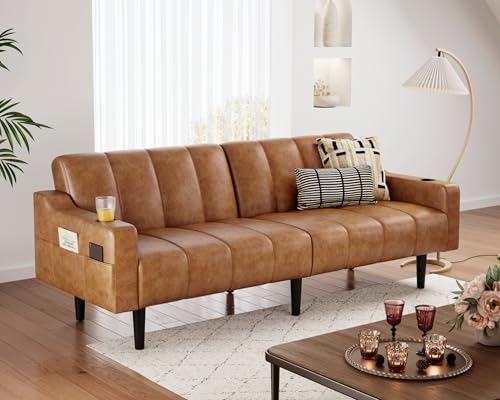 Amerimores Futon Sofa Bed, 80" Faux Leather Couch, Sleeper Sofa Bed with Adjustable Backrest& Storage, Mid Century Modern Loveseat Couch for Living Room, Bedroom and Small Spaces, Brown Amerimores
