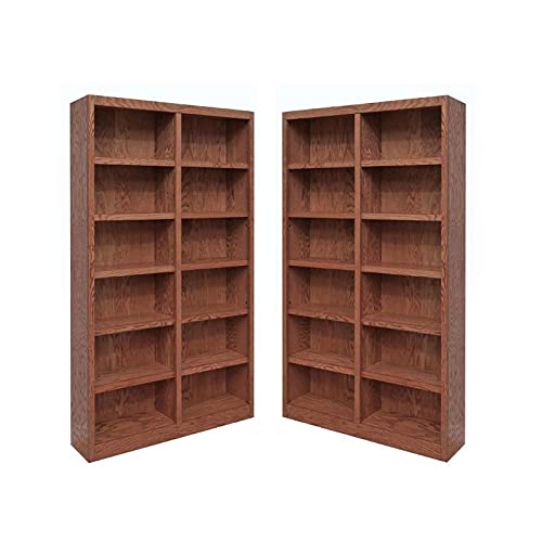 Home Square 84" Tall Double Wide Solid Wood Bookcase Set of 2 in Dry Oak Home Square