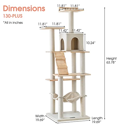 MWPO Cat Tree - 63.8-Inch Modern Wood Cat Tower for Indoor Cats,Multi-Level Cat Condo for Large Cat with Scratching Posts, Hammock- Beige MWPO