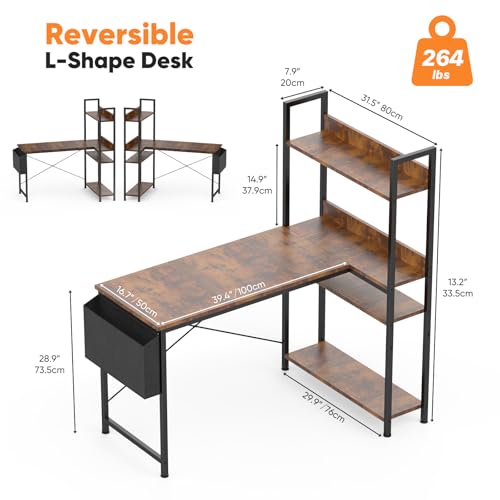DUMOS L Shaped Desk Corner Computer Table 47 Inch, L-Shaped Gaming Desks with Storage Shelf Reversible, Wood Tables with Side Bag Adjustable Feet for 2 Monitors Small Space Home Office Bedroom, Brown DUMOS