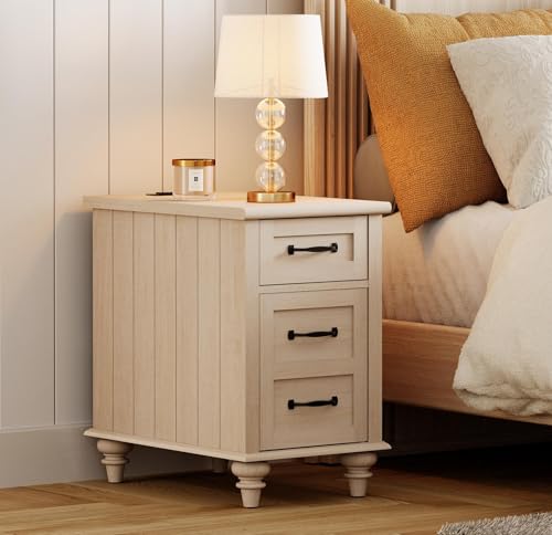 WAMPAT Beige End Table with Charging Station, Wooden Side Table with Storage Cabinet & Drawer, Elegant Nightstand with Power Outlets & USB Ports for Bedroom, Living Room WAMPAT