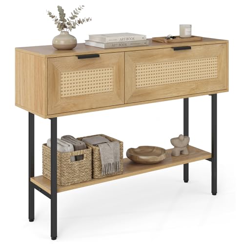 Giantex Rattan Console Table with Storage, 40" Boho Entryway Table w/ 2 Flip Door Cabinets & Shelf, Metal Frame, 2 Anti-Tipping Kits, Narrow Long Behind Couch Sofa Table for Entrance Hallway, Natural Giantex