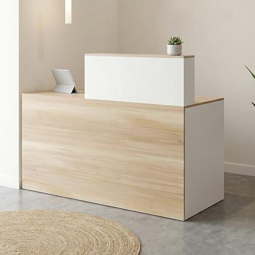 WOODTIME 55" W Reception Desk with Lockable Drawer, Door & Open Shelves, Modern Front Counter Table Office Reception Counter for Checkout, Store, Salon, White & Natural