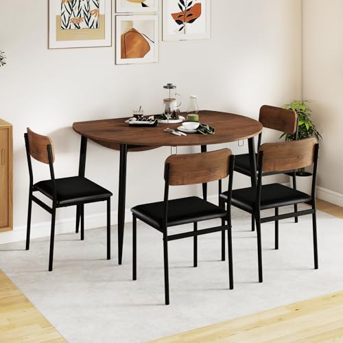 Giantex 5-Piece Dining Table Set for 4, 43.5" Round Kitchen Table and 4 Upholstered Dining Chairs with Drop Leaf Tabletop, Sturdy Metal Frame, Space Saving Farmhouse Dinette Set for Dinette Dinner Giantex