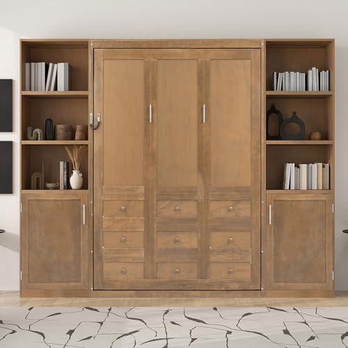 MERITLINE Queen Farmhouse Murphy Bed with Storage Bookcase Shelves and Cabinets, Solid Wood Foldable Hidden Vertical Murphy Wall Bed with Storage for Adults MERITLINE