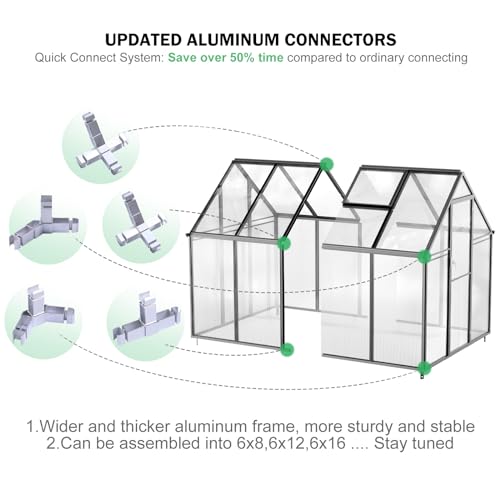 Polycarbonate Greenhouse, 8.2x6.2 FT Easy Assembly Aluminum Heavy Duty Greenhouses for Outdoors w/ Window, Swing Door, Walk-in Green House for Sunroom,Outside, Backyard, Garden, Black CDCASA