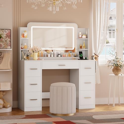 YESHOMY 43.3''Vanity Desk with LED Mirror & Power Outlet, 7 Drawer Makeup Vanity with Side Shelves, Lighted Dressing Table for Bedroom(White YESHOMY