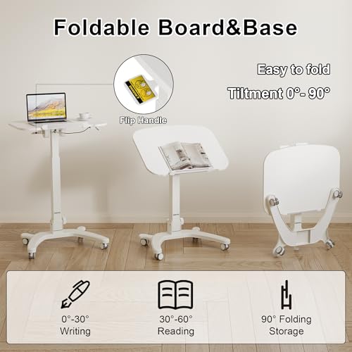 BONTEC Mobile Foldable Standing Desk, Portable Adjustable Height Desk with Gas Spring, Small Rolling Laptop Desk with Wheels for Home, Office, Bedroom, and Medical Use, 25.6" x 19.7" Desktop, White BONTEC