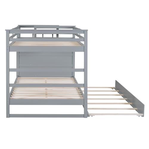 Full Over Full Bunk Bed with Trundle & Drawers & Storage Staircase,Wooden Full Triple Bunk Bed Frame with Full-Length Safety Guardrails and Headboard for Kids Teens Bedroom,Wood Slat Support,Gray Harper & Bright Designs