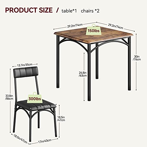 GAOMON Dining Table Set for 2, Kitchen Table and Chairs for 2 with Upholstered Chairs, 3 Piece Dining Room Table Set, Square Kitchen Table Set for Small Space, Apartment, Studio, Rustic Brown GAOMON