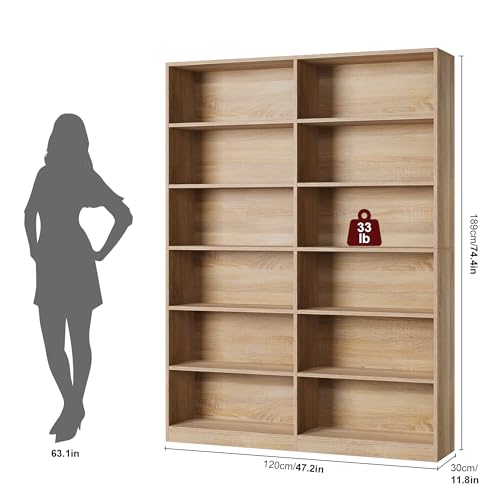 FACBOTALL 6-Tier Light Oak Double Wide Bookshelf - Stylish Freestanding Storage for Home Decor FACBOTALL
