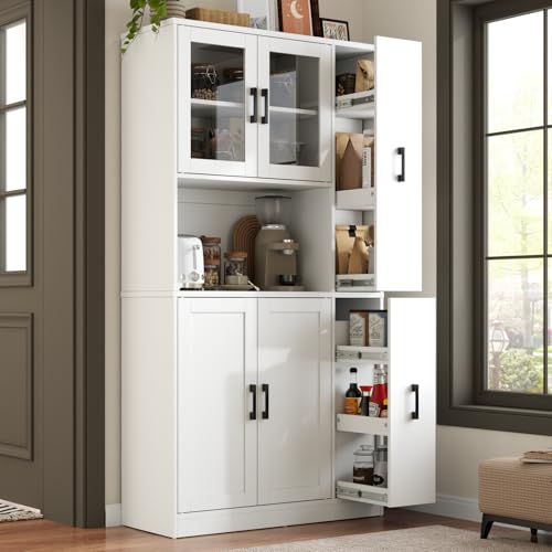 Gyfimoie 68" Tall Kitchen Pantry Cabinet with Side Drawer, Kitchen Pantry Storage Cabinet with Glass Door,Freestanding Food Hutch with Microwave Stand for Dining Room (White) Gyfimoie