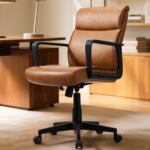 Artswish Leather Office Chair Brown Desk Chair with Wheels Arms, Mid Back Leather Executive Computer Chair Mid Century Chairs for Home Office Artswish