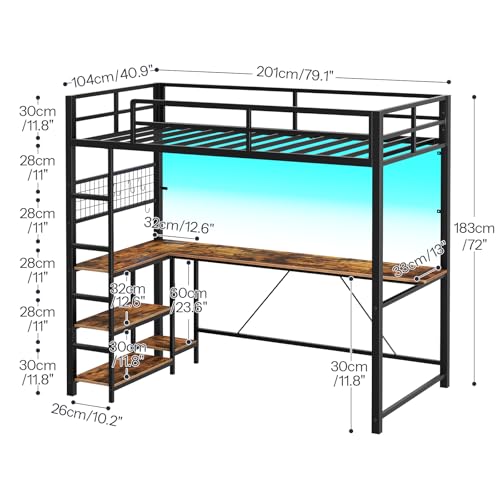 HOOBRO Twin Size Loft Bed with Ladder and Guardrail, Metal Bunk Bed with Desk, LED Lights and Charging Station for Teens, Adults, Space Saving, No Box Spring Needed, Black and Rustic Brown HOOBRO