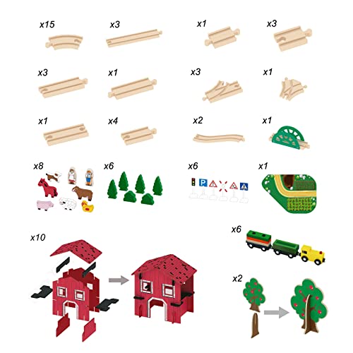 FUN LITTLE TOYS 77PCS Wooden Train Set Toy Train for Boys & Girls with Wood Train Track Fits Major Brand, Wooden Farm Play Set for Kids Wooden Toys FUN LITTLE TOYS