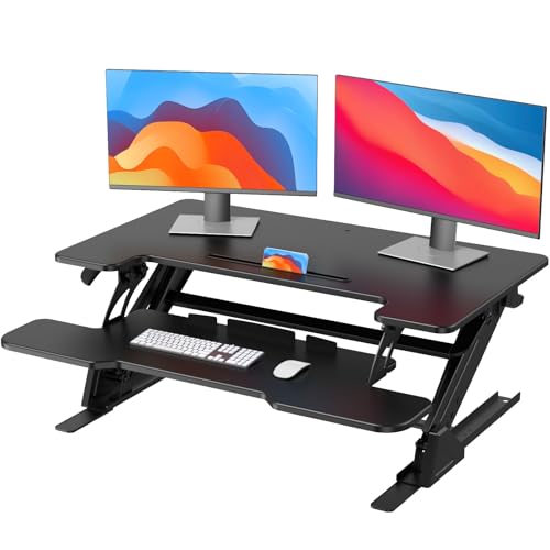 HUANUO 36" Z Shaped Stable Standing Desk Converter, Height Adjustable Sit Stand Up Desk Riser, Dual Monitor and Laptop Workstation with Wide Keyboard Tray, Desk Lifter for Home Office HUANUO