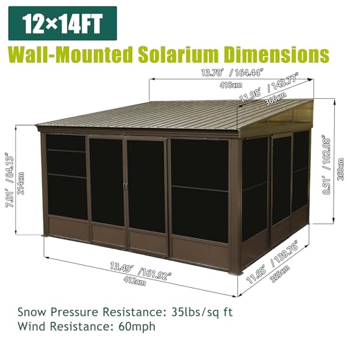 Domi 12x14FT Wall Mounted Sunroom, Against Wall Solarium with Galvanized Steel Sloping Roof, Detachable PVC Screen, Lockable Sliding Front and Side Doors, Lean-to Gazebo Sun Room for Deck Patio domi outdoor living