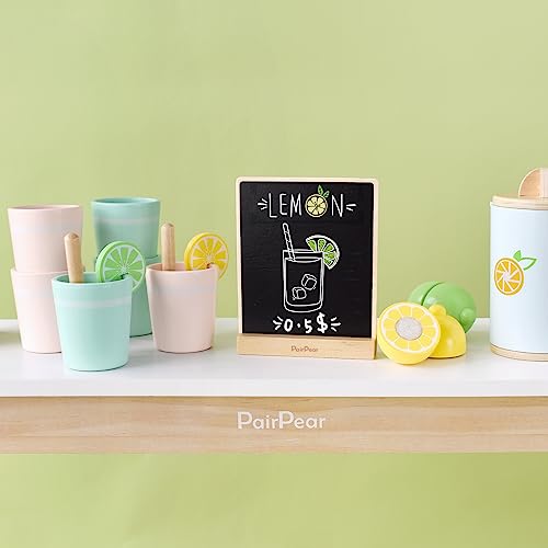 PairPear Wooden Toys Lemonade Playset,Kids Play Food Pretend Play Lemonade Stand Kit,Play Kitchen Grocery Maket Acessories Gift for Toddler Girls and Boys 3 Years+ PairPear