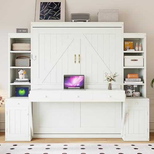 Brabrety Queen Size Murphy Bed with Desk & Storage, Space-Saving Wood Wall Bed with Drawers,for Apartments Bedroom Home Office Studio (White#B, Queen) Brabrety